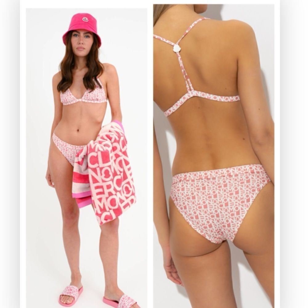 Moncler Monogram Logo 2-Piece Bikini Set Size XL NWT Pastel Pink Multi $520